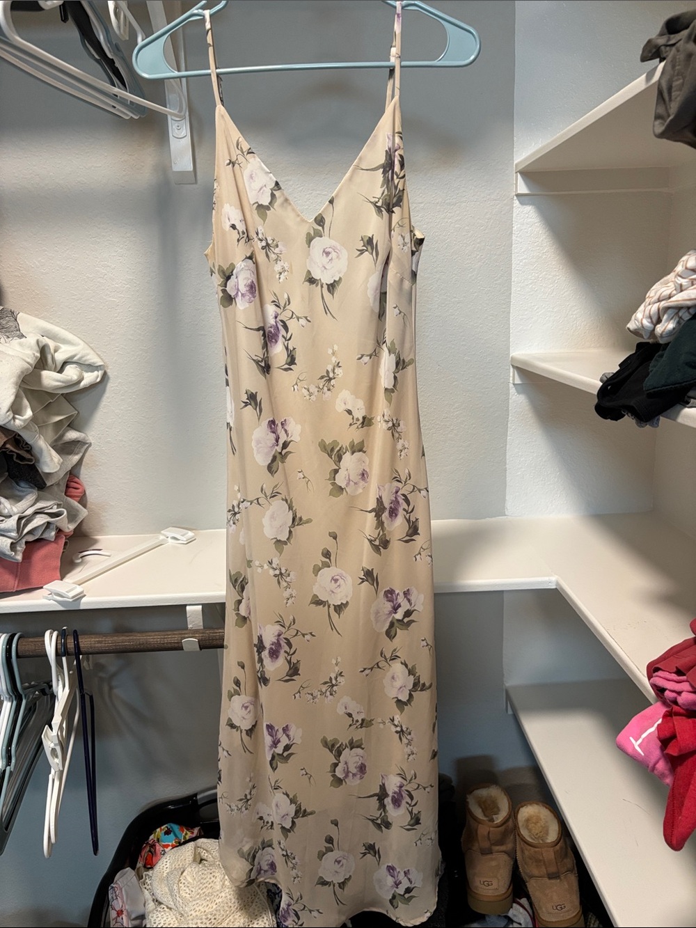 Audrey 3+1 Beige Floral Midi Slip Dress with Lavender Accents